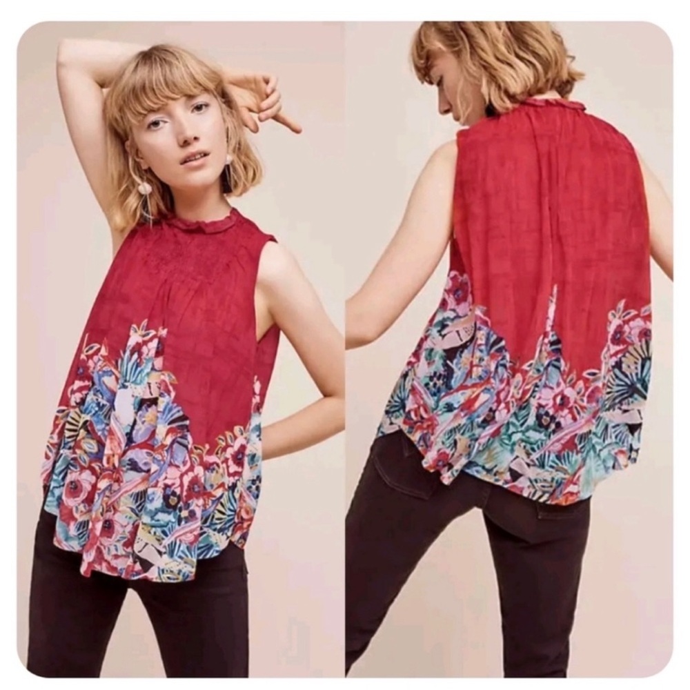 Anthropologie Deletta red floral sleeveless blouse